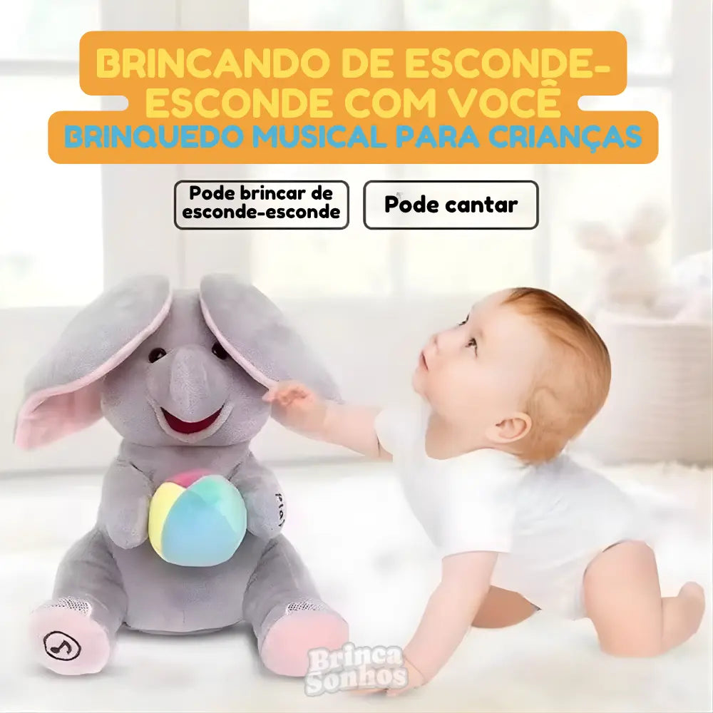 Elefante de Pelúcia Musical Esconde-Esconde Bebê